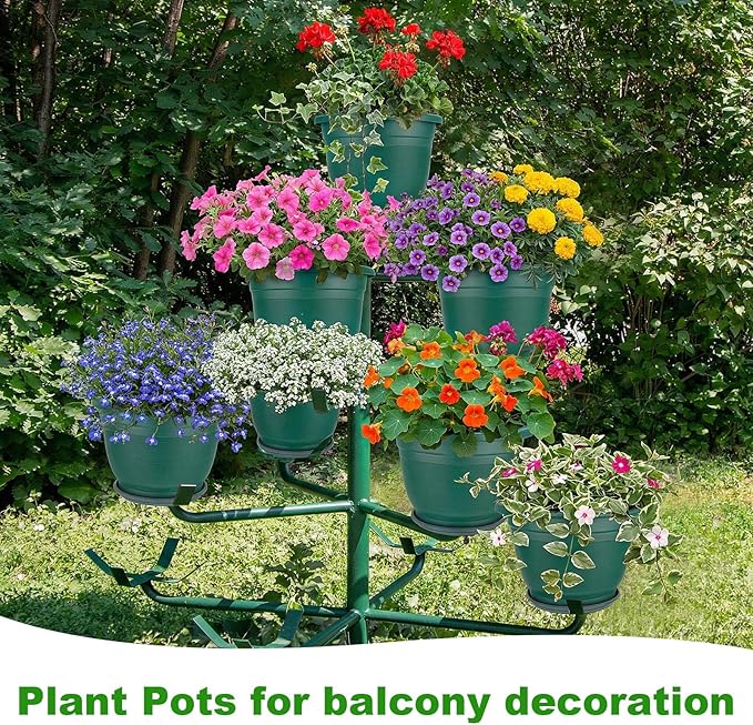 12 Pcs 10'' Plastic Plant Pots Round Planter Pots with Saucer Tray Seedling Pot Hole Seed Resin Plant Pot Starting Nursery Flower Container with Pallet for Garden Outdoor Indoor (Green)