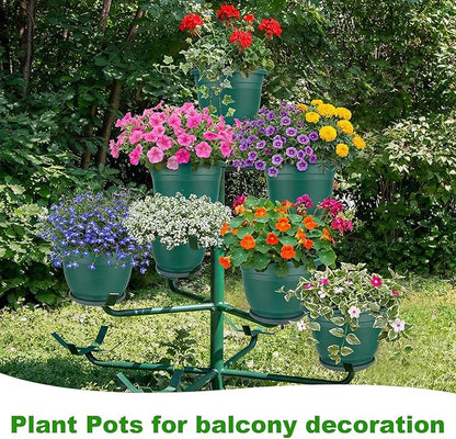 12 Pcs 10'' Plastic Plant Pots Round Planter Pots with Saucer Tray Seedling Pot Hole Seed Resin Plant Pot Starting Nursery Flower Container with Pallet for Garden Outdoor Indoor (Green)