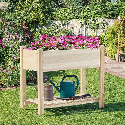 Yaheetech 34x18x30in Horticulture Raised Garden Bed 2pcs Planter Box with Legs & Storage Shelf Wooden Elevated Vegetable Growing Bed for Flower/Herb/Patio/Balcony, Natural Wood
