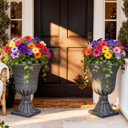 22" Timeless Urn Planters for Outdoor Plants, Set of 2 Plastic Large Flower Pot with Handmade Washed Black Finish, Weather-Resistant for Porch, Garden, Patio or Indoor Use
