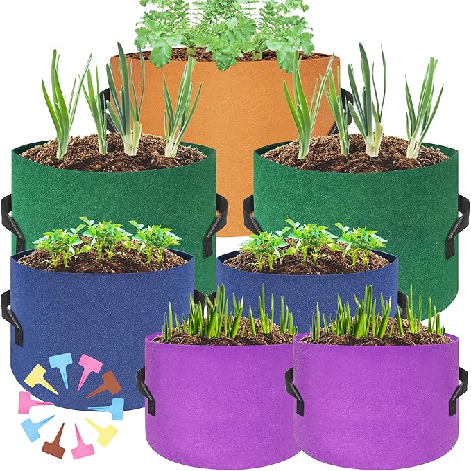HAOWIN 400G Thickest 7-Pack Colorful Plant Grow Bags, Fabric Pots 10 Gallon 7 Gallon 5 Gallon 3 Gallon Variety Size Pack, Plant Labels Included Potato Growing Bags