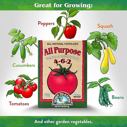 Down To Earth All Natural Fertilizers Organic All Purpose Tomato & Vegetable Mix - Plant Food for Tomatoes, Peppers, Herbs and Flowers 4-6-2, 5 lb