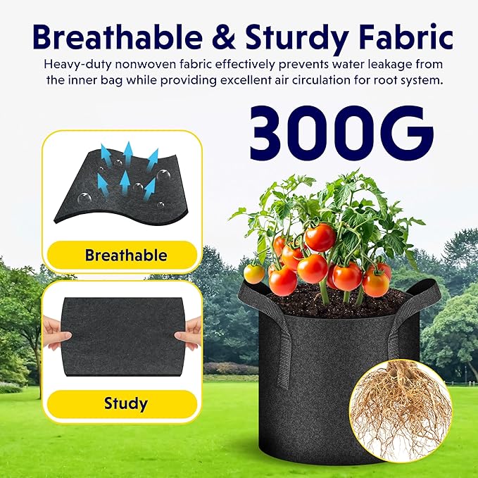 iPower 5 Pack 7 Gallon Plant Grow Bags, Thickened Nonwoven Aeration Fabric Pots Heavy Duty Durable Container, Strap Handles for Garden, Black