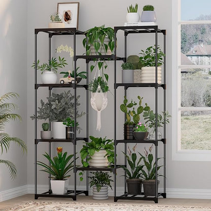 Plant Stand Indoor Outdoor Plant Shelf Stand, 4 Tiers 10 Pots Large Potted Metal Flower Plant Rack for Multiple Plants, Hanging Tall Planter Holder for Patio Balcony Living Room Corner Porch Garden Boho Decor Black