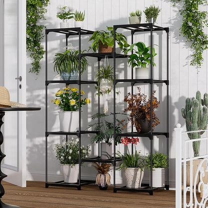 Plant Stand Indoor Outdoor Plant Shelf Stand, 4 Tiers 10 Pots Large Potted Metal Flower Plant Rack for Multiple Plants, Hanging Tall Planter Holder for Patio Balcony Living Room Corner Porch Garden Boho Decor Black