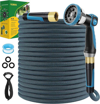 Non-Expandable Garden Hose 75 FT, Lightweight Hose with 10 Function Spray Nozzle, Kink-Free Flexible Water Hose, Durable, Leak-Proof, 360° Swivel Connectors, Portable Storage Strap