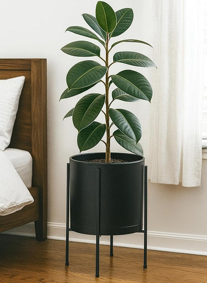 D'vine Dev 12 Inch Black Planter Pot with Stand – Modern Plastic Cylinder Flower Pot with Heavy-Duty Metal Stand for Indoor Plants, 55-D-B-3