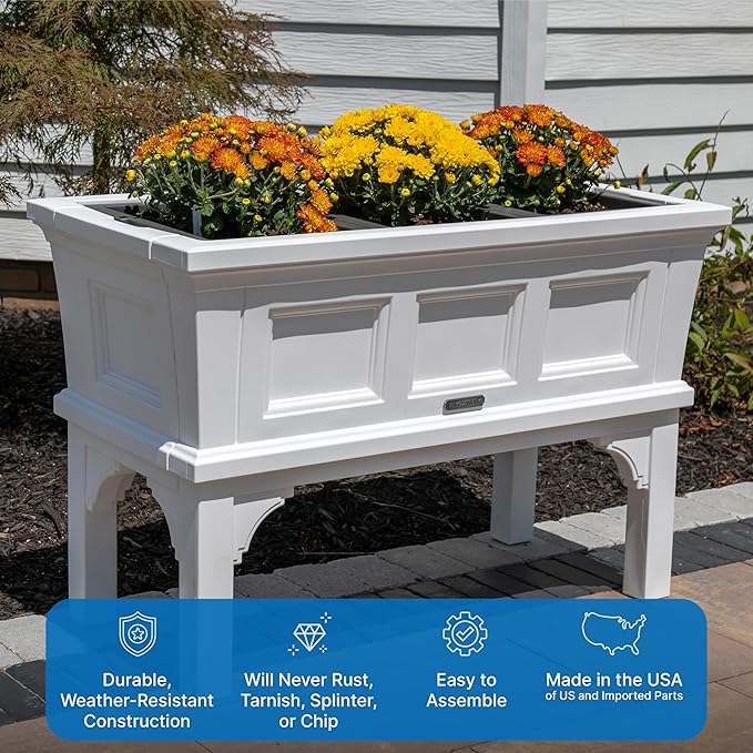 Step2 Atherton Raised Planter Box, Large Planters for Outdoor Plants, Gardening and Flower Pot for Patio or Porch, Easy Drainage, Durable Plastic, White