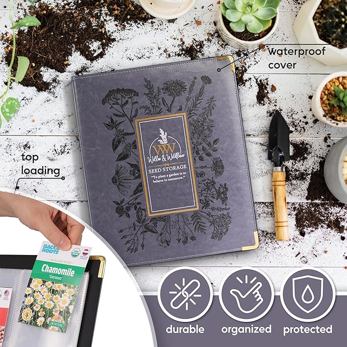 Willow and Wildflower Garden Seed Organizer Binder, Seed Storage Organizer, Garden Binder Book for Packet Storage Catalog Can Store 120 Packets with Dibber and Widger (Slate Blue)