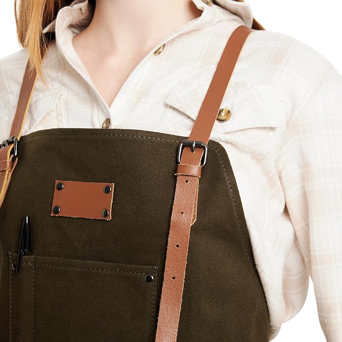Theodore Waxed Canvas Work Apron - Cross Back with Leather Straps, 14oz Heavy Duty Canvas, Multi-Pocket Utility