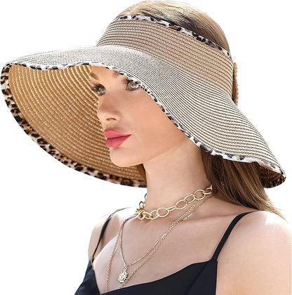 Womens Beach Straw Sun Hats Ponytail Hole Wide Brim Summer Visor Foldable Hat Sun Protection Packable for Travel Pool