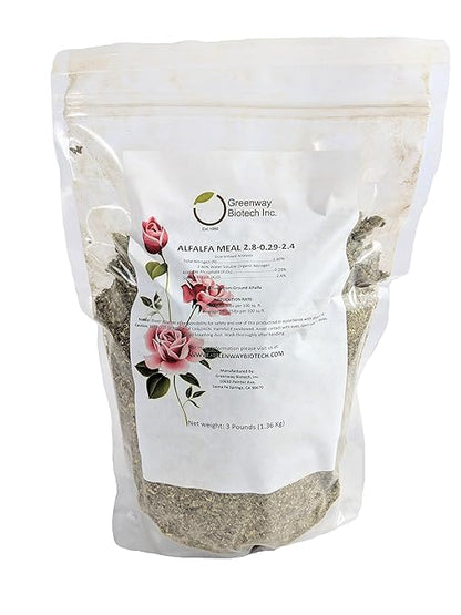 Greenway Biotech, Inc. Alfalfa Meal 2.80-0.29-2.40- Rose, Flower Plant & Vegetables Fertilizer with Essentials Minerals, & Nitrogen- Ideal for Alkaline Plants-3 Pounds