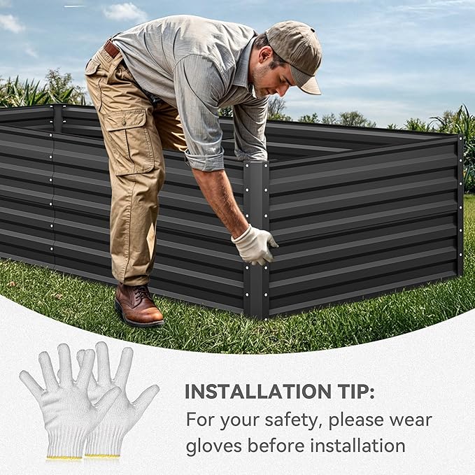 DWVO 8 x 4 x 2 FT Raised Garden Bed Kit, Outdoor Galvanized Flower Bed with Safety Rubber and Gloves, Large Metal Planter Box for Vegetables, Flowers, Herbs, Fruits, Black