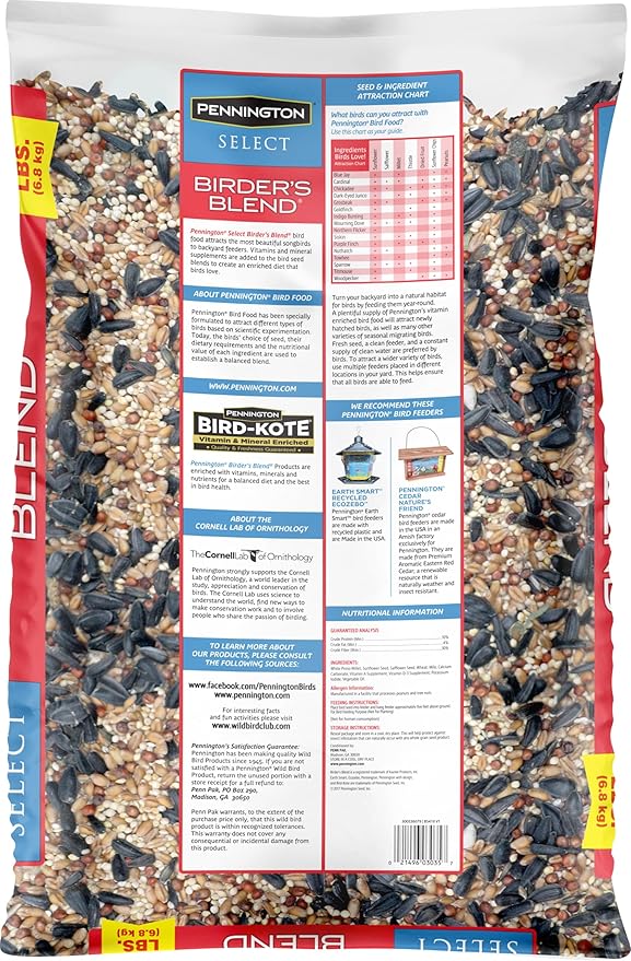 Pennington Select Birder's Blend, Wild Bird Seed Mix, Wild Bird Seed for Outside Feeders, 15 lbs