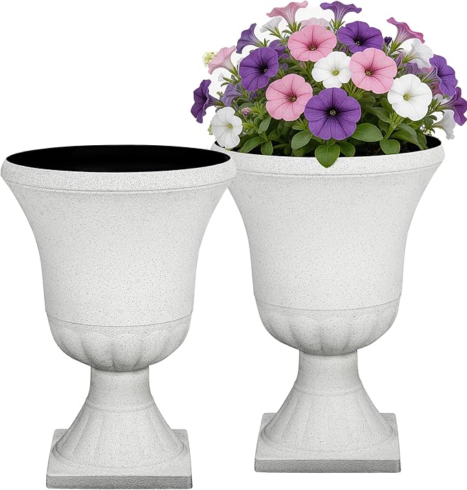 22" Urn Planters Outdoor Planter for Plants Set of 2 Timeless Plastic Large Flower Pot with Drainage Hole Terrazzo White Garden Pots for Porch, Patio Christmas Decor