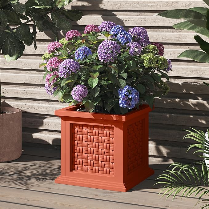 Rattan Style Outdoor Planter Box - 14.65-Inch-Square Decorative Flower or Plant Pot - Garden, Patio and Front Porch Decor by Pure Garden (Terracotta)