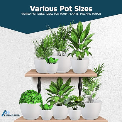 Lifemaster Eco Friendly Plant Pot Set - 10-Pack Home Decor Flower Indoor and Outdoor Plastic Pots with Drainage Holes, Assorted Sizes (7", 6.6", 6", 5.3", 4.8") - Stackable Garden Versatile Planters