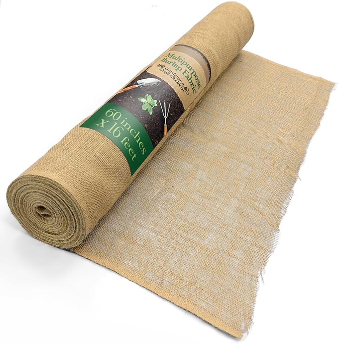 60" x 16 Feet Gardening Burlap Fabric Roll - Tree Wrap, Weed Barrier, Erosion Control, Aisle Runner, Multipurpose Natural Fabric, High Density Jute Fiber Material