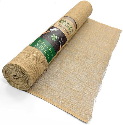 60" x 16 Feet Gardening Burlap Fabric Roll - Tree Wrap, Weed Barrier, Erosion Control, Aisle Runner, Multipurpose Natural Fabric, High Density Jute Fiber Material