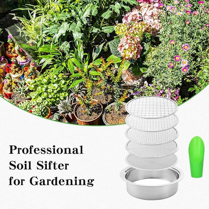 Stainless Steel Soil Sifter for Gardening,Sand Sifter Tool with Interchangeable Mesh Screens(1,3,6,9,12mm) and Scoop Shovel,Soil and Compost Screening Kit