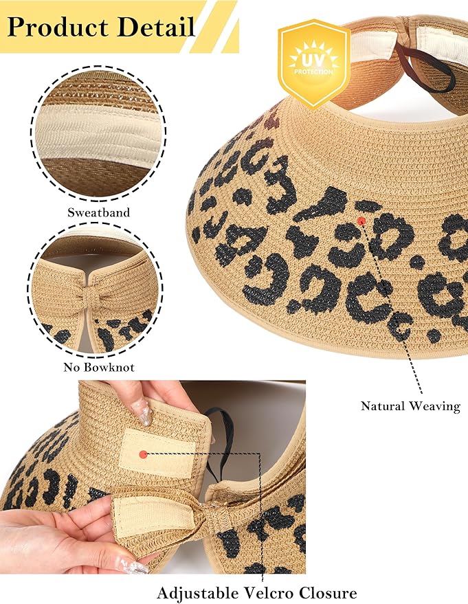 Womens Beach Straw Sun Hats Ponytail Hole Wide Brim Summer Visor Foldable Hat Sun Protection Packable for Travel Pool