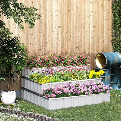 Outsunny 3 Tier Raised Garden Bed Outdoor Metal Patio Planter Box with Gloves, 4' x 4' x 2' for Backyard, Patio to Grow Vegetables, Herbs, and Flowers, White