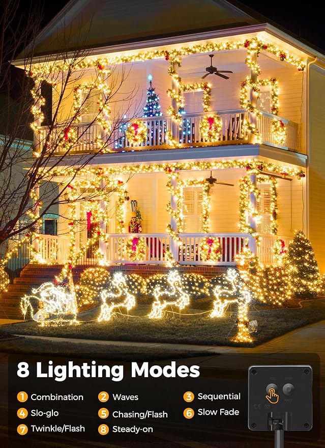Solar String Lights Outdoor, 39FT 100LED Solar Powered Lights IP65 Waterproof with 8 Lighting Modes for Party Garden Yard Home Holiday Tree Decoration Lighting, Warm White