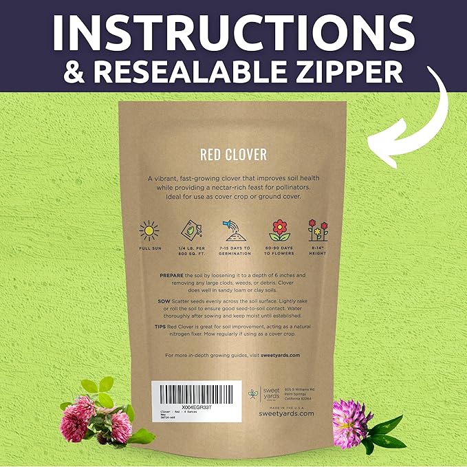 Red Clover - Bulk 1/4 Pound Pouch - 60,000 Flower Seeds for Planting - Trifolium pratense