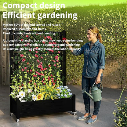 Raised Garden Bed with Trellis, 21 Gallon Self Watering Planter Box with Lockable Wheels & Drainage Holes for Climbing Plants Vegetables Flowers, Anti-Rust Resin for Backyard Patio (Black)