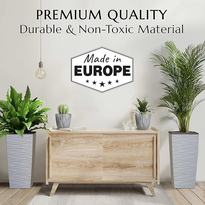 Mueller Janska M-Resin Heavy Duty Tall Planter, Indoor/Outdoor Grande Plant, Tree, Flower Pot, 2-Piece Set, 24”, Modern Design, Built-in Drainage, Light Gray