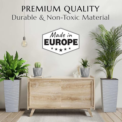 Mueller Janska M-Resin Heavy Duty Tall Planter, Indoor/Outdoor Grande Plant, Tree, Flower Pot, 2-Piece Set, 24”, Modern Design, Built-in Drainage, Light Gray
