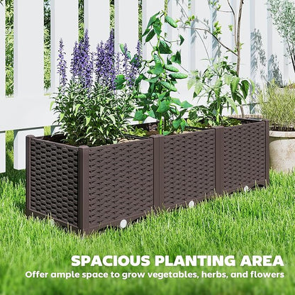 Outsunny 4 x 1 x 1 ft Raised Garden Bed, Indoor Outdoor Plastic Planter Box with Drainage Holes, Drain Plugs and Water Reservoirs for Vegetables, Herbs, Flowers & Succulents, Brown