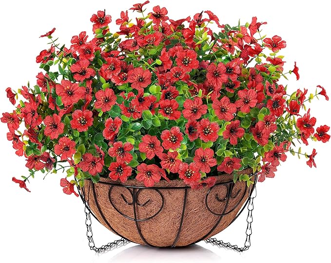 HyeFlora Artificial Fake Hanging Red Plants Flowers Basket for Outdoor Fall Winter Christmas, Faux Silk Daisy Mums Look Real UV Resistant for Outside Porch Home Patio Garden Yard Decoration