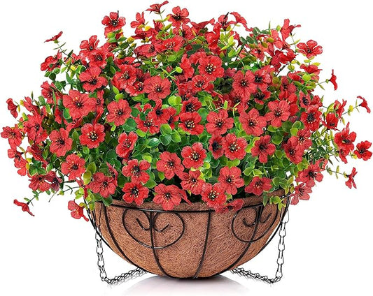 HyeFlora Artificial Fake Hanging Red Plants Flowers Basket for Outdoor Fall Winter Christmas, Faux Silk Daisy Mums Look Real UV Resistant for Outside Porch Home Patio Garden Yard Decoration
