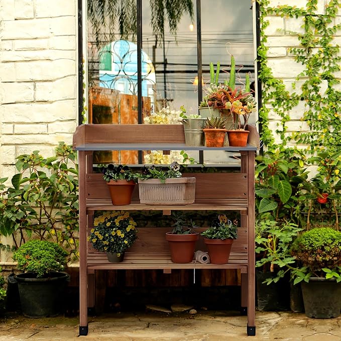 Topeakmart Potting Bench Table w/Metal Tabletop for Garden, Fir Wood Workstation w/3 Tier Shelves, Outdoor Work Bench w/Hook Brown