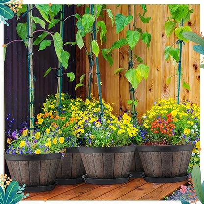 Layhit 10 Pack 9.8 Inch Whiskey Barrel Planter Flower Pot Plant Pots with Drainage Holes and Saucers Garden Planter Imitation Wine Design Plastic Barrel for Indoor Outdoor Plants Garden (Coffee Brown)
