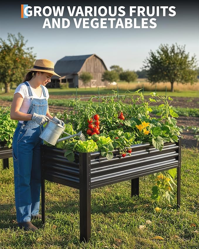 Large Raised Garden Bed with Legs, 48×24×32 in Galvanized Elevated Planter Box for Backyard, Patio, Balcony, 400lb Capacity, Black