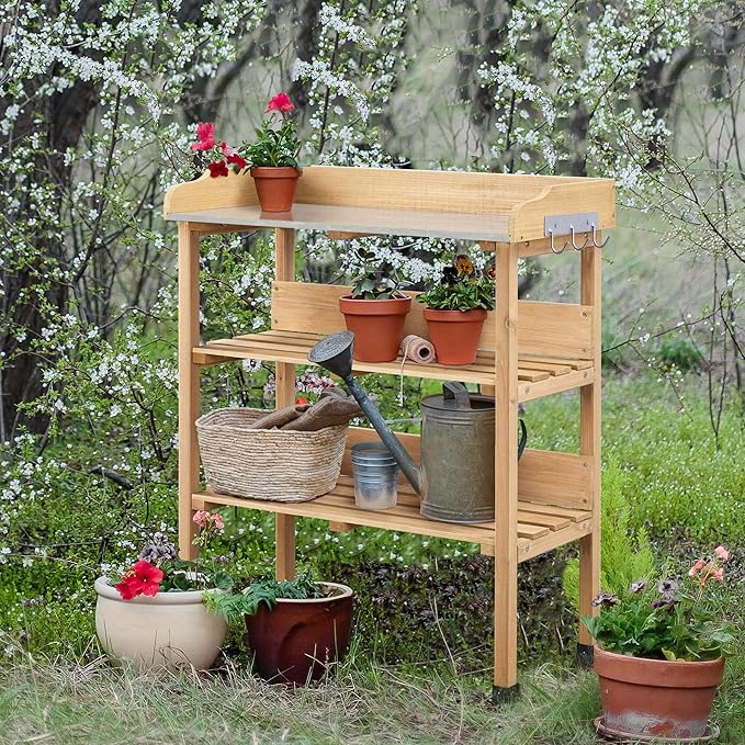 Topeakmart Potting Bench Table w/Metal Tabletop for Garden, Fir Wood Workstation w/3 Tier Shelves, Outdoor Work Bench w/Hook Natural Wood