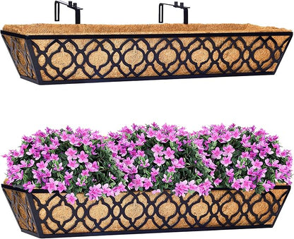 HFHOME 2 Pcs 30" Window Box Deck Railing Planter with Horse Trough Coco Liners, Black Metal Hanging Flower Planters Baskets for Indoor, Outdoor, Balcony, Porch, Fence, Patio, and Lawn
