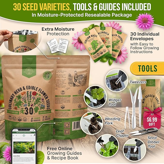 Organo Republic 30 Culinary Herbs & Edible Flower Seed Variety Pack- Indoor/Outdoor. 14000+ Non-GMO Heirloom Flower Seeds: Basil, Borage, Echinacea, Lavender, Oregano, Rosemary Seeds & More
