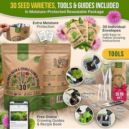 Organo Republic 30 Culinary Herbs & Edible Flower Seed Variety Pack- Indoor/Outdoor. 14000+ Non-GMO Heirloom Flower Seeds: Basil, Borage, Echinacea, Lavender, Oregano, Rosemary Seeds & More