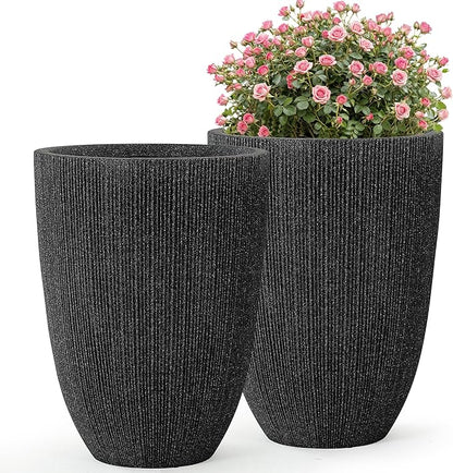 19" Concrete-Style Tall Round Planters for Indoor Outdoor Plants, Set of 2 Decorative Fluted Large Flower Pot, UV-Resistant Top-Tier Resin Planters for Garden Patio Porch Home Office Decor