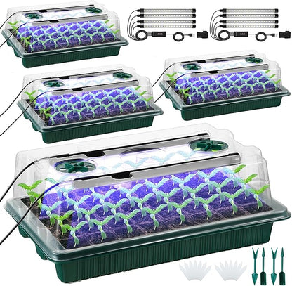 Saillong 4 Pack Seed Starter Tray with Grow Light, 80 Cell Indoor Greenhouse Seed Starting Set with Humidity Dome, 360° Full Spectrum LED, Smart Timer, 5 Brightness Levels for Germination