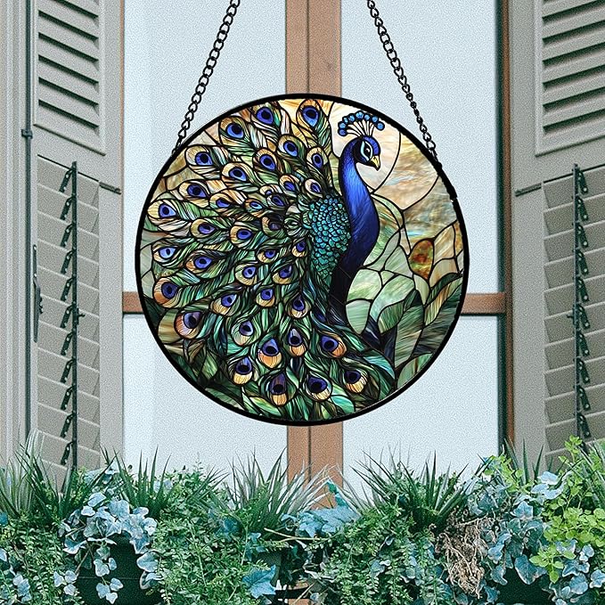 Stained Glass Window Hanging, Turquoise Peacock Sun Catcher for Door Home Decor Blue Green Suncatcher Christmas Mother's Day Birthday Gifts for Women Men Mom and Nana 6.3 in