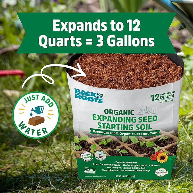 Back to The Roots Organic Seed Starting, Compressed Block expands to 12 Quarts, Made for Herbs, Veggies, Flowers