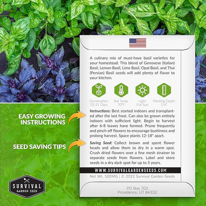 Basil Seeds Mix for Planting - Culinary Genovese Italian, Lemon, Lime, Opal & Thai Basil Seed Blend - Heirloom Non-GMO Kitchen Garden Herbs - Survival Garden Seeds (5 Packs)