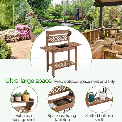 Yaheetech Potting Bench Table Outdoor Garden Horticulture Wooden Workstation Benches w/Sliding Tabletop/Removable Sink/Storage Shelf,Brown