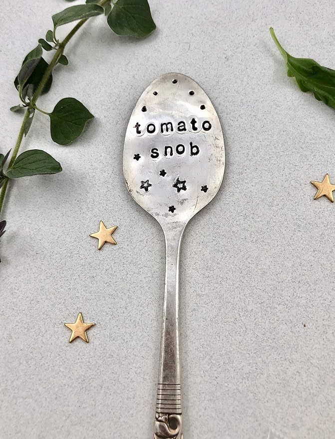 Tomato SNOB Garden Marker Stake Hand Stamped with Stars and Dots Recycled Spoon