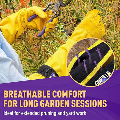 GORILLA EASY CONNECT Gardening Gloves Lightweight Tough Heavy Duty Long Sleeve Leather Pruning Gloves with Adjustable Strap