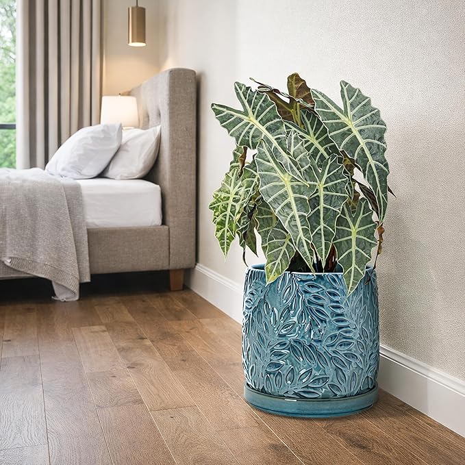 D'vine Dev 10 Inch Embossed Leaves Stoneware Planter Pot with Drainage Hole and Saucer, Ocean Teal, 27-A-P-8